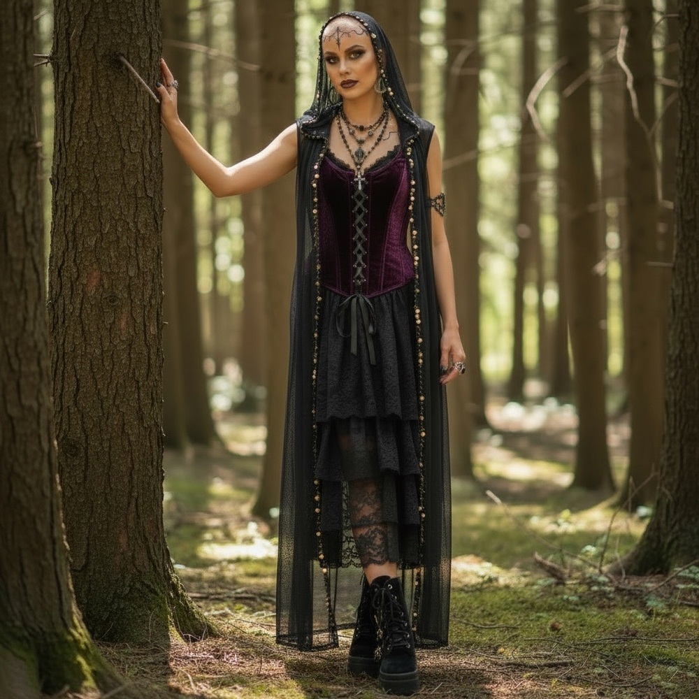 Gothic Renaissance Opal Moon Sheer Mesh Hooded Maxi Vest w/ Gold Sequin Trim